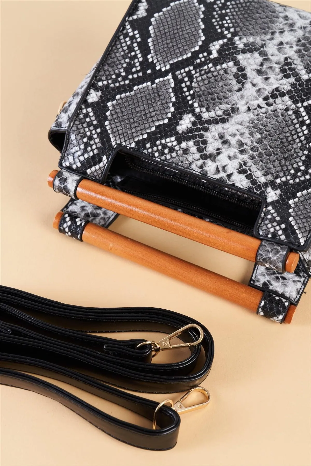 Black And White Vegan Python Snake Print Mini Handbag With Bamboo Trim /1 Bag