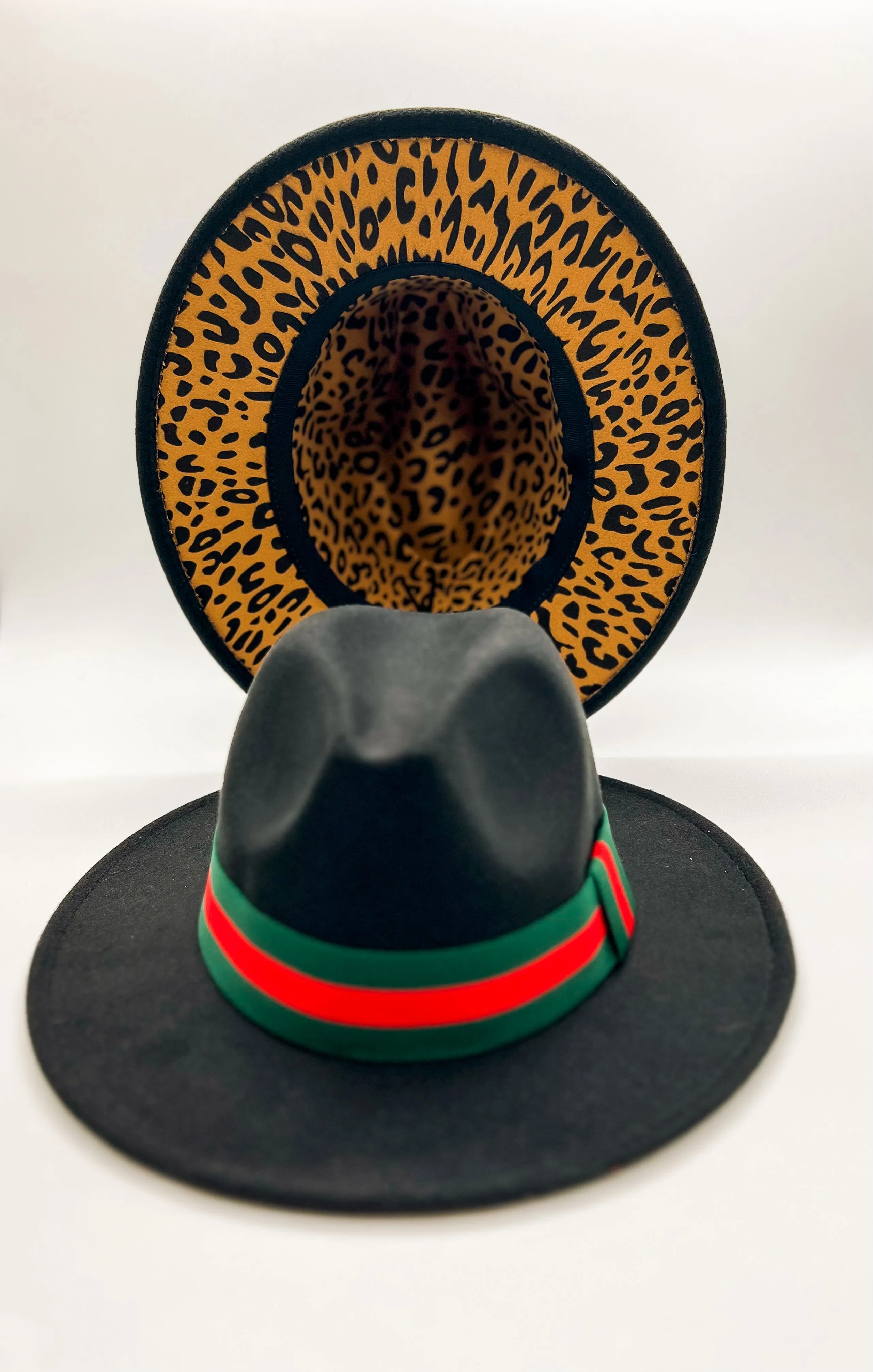 Black Fedora Hat w/ Removable Band & Leopard Print Bottom