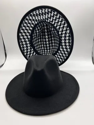 Black Fedora Hat with Houndstooth Pattern Bottom