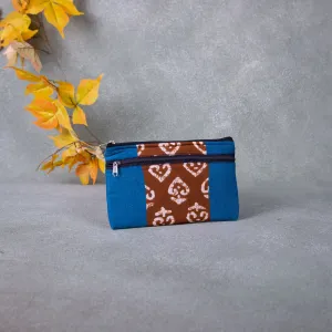 Cotton Multizip Purse Blue with Brown Prints