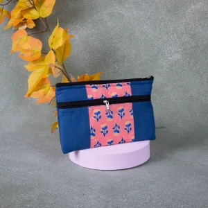 Cotton Multizip Purse Blue with Peach Colour Flower Design.