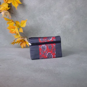 Cotton Multizip Purse Grey Colour with Red Prints.