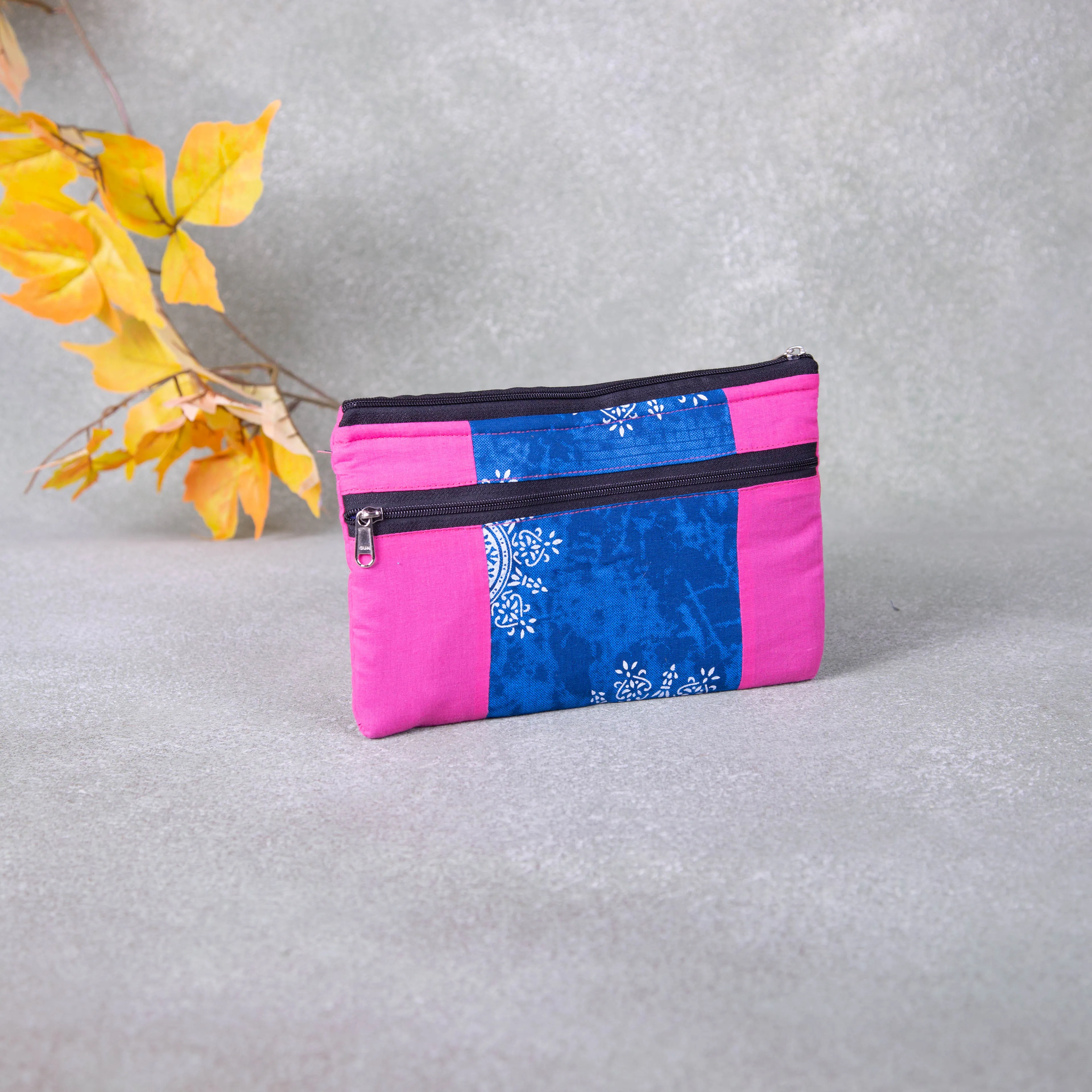 Cotton Multizip Purse Pink with Blue Prints