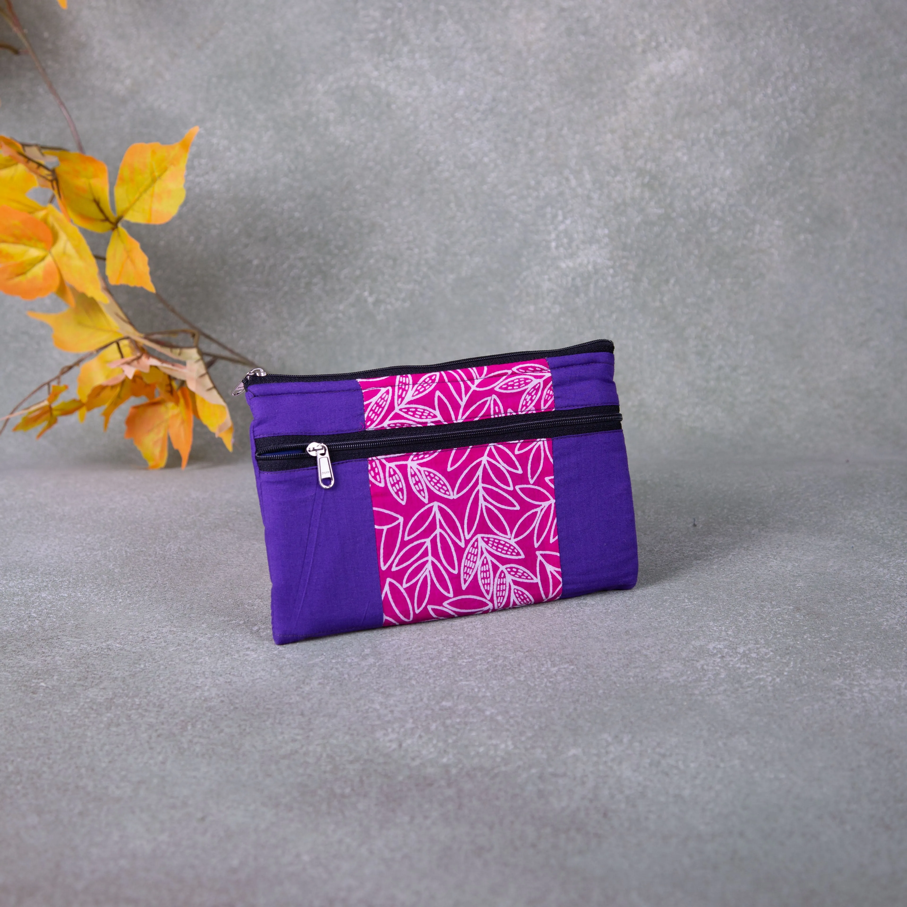 Cotton Multizip Purse Violet with Pink Prints