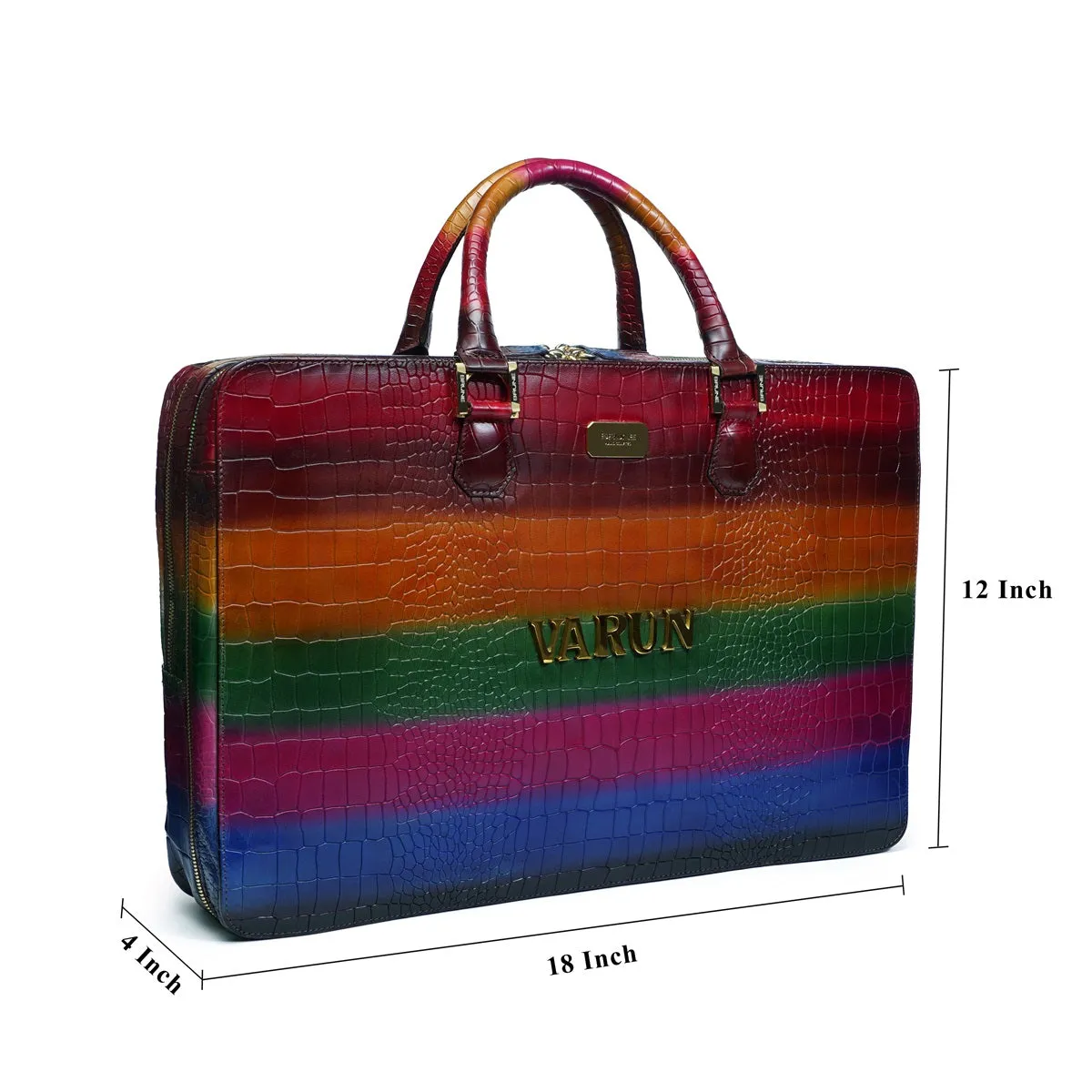 Customized Laptop Briefcase with Metal Initial in Multi-Colored Croco Textured Leather