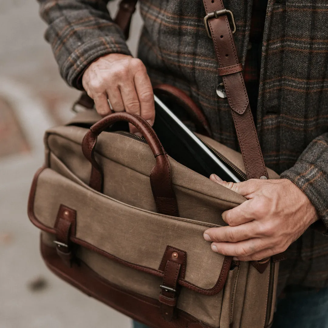 Dakota Reserve Waxed Canvas Leather Briefcase | Field Khaki with Chestnut Brown