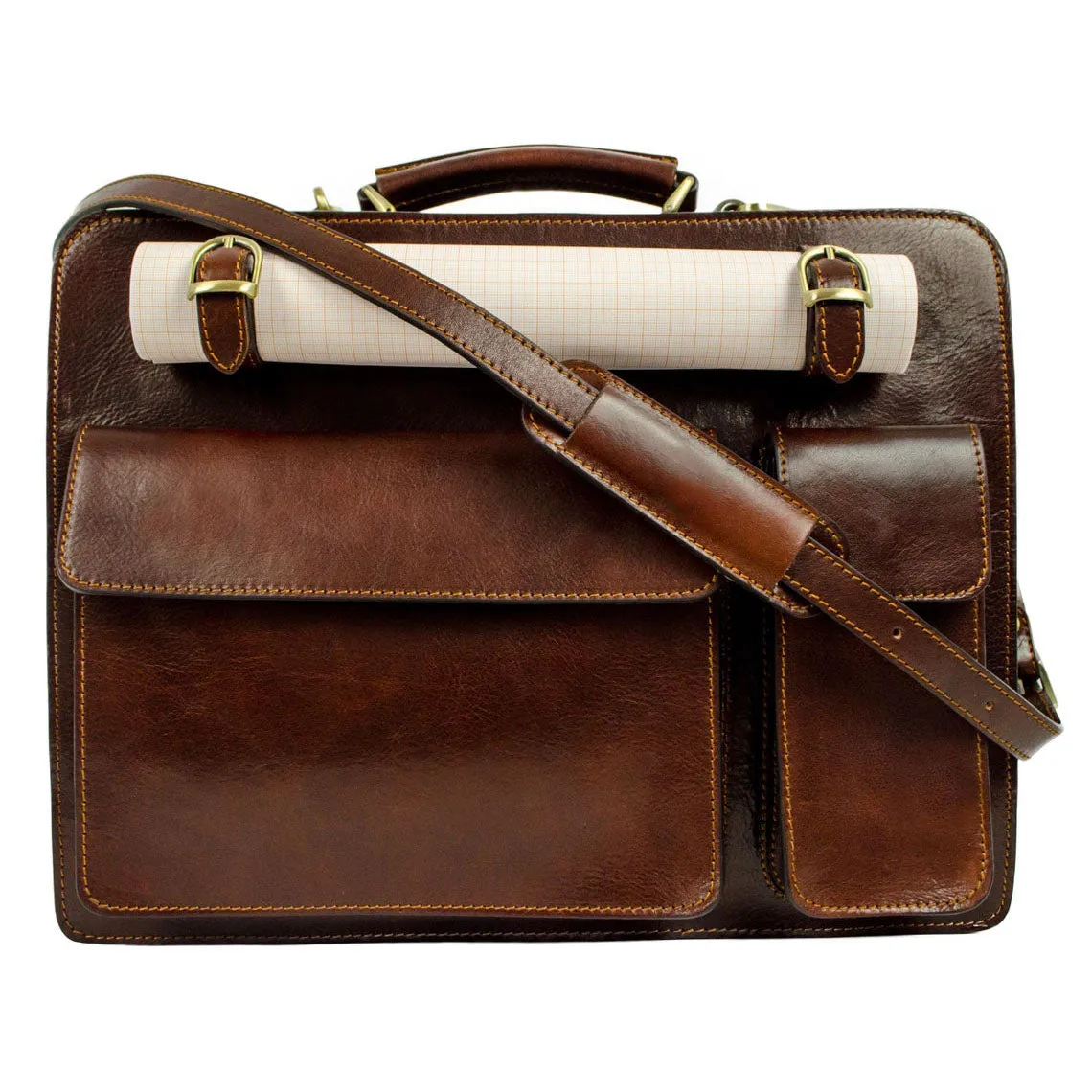 Dazzlo Full Grain Leather Briefcase - Black/Brown/Cognac Brown - 15.55"