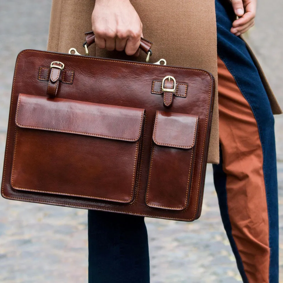 Dazzlo Full Grain Leather Briefcase - Black/Brown/Cognac Brown - 15.55"