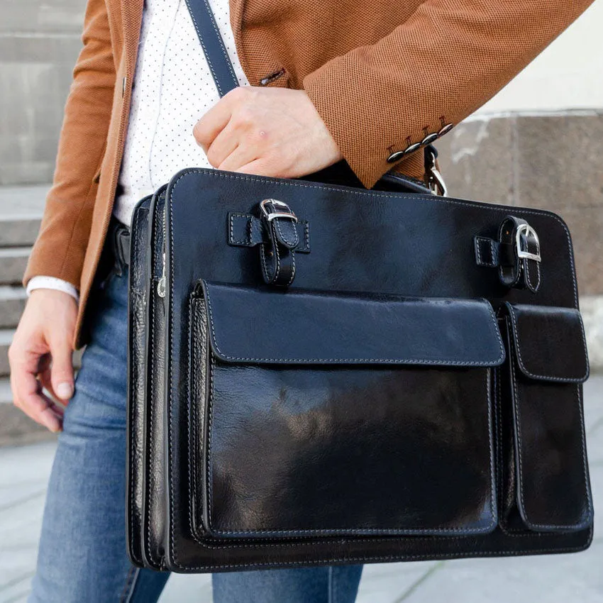 Dazzlo Full Grain Leather Briefcase - Black/Brown/Cognac Brown - 15.55"