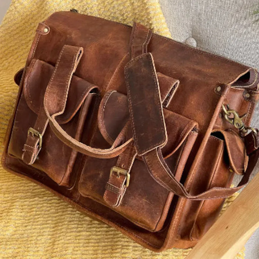 Dazzlo Full Grain Leather Briefcase Laptop Bag - Brown - 15.5"