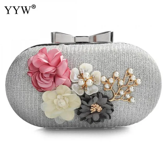 Elegant Women Leather Clutch Bag Floral Shoulder Bags Day Clutch Wallet Wedding Purse Party Woman Evening Bag Black Gold Silver