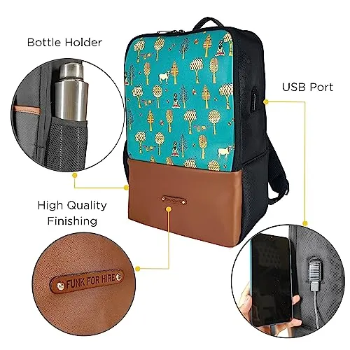 Funk For Hire Printed Leatherette 15.6" inch Laptop Backpack with USB Charging Port - Teal and Black