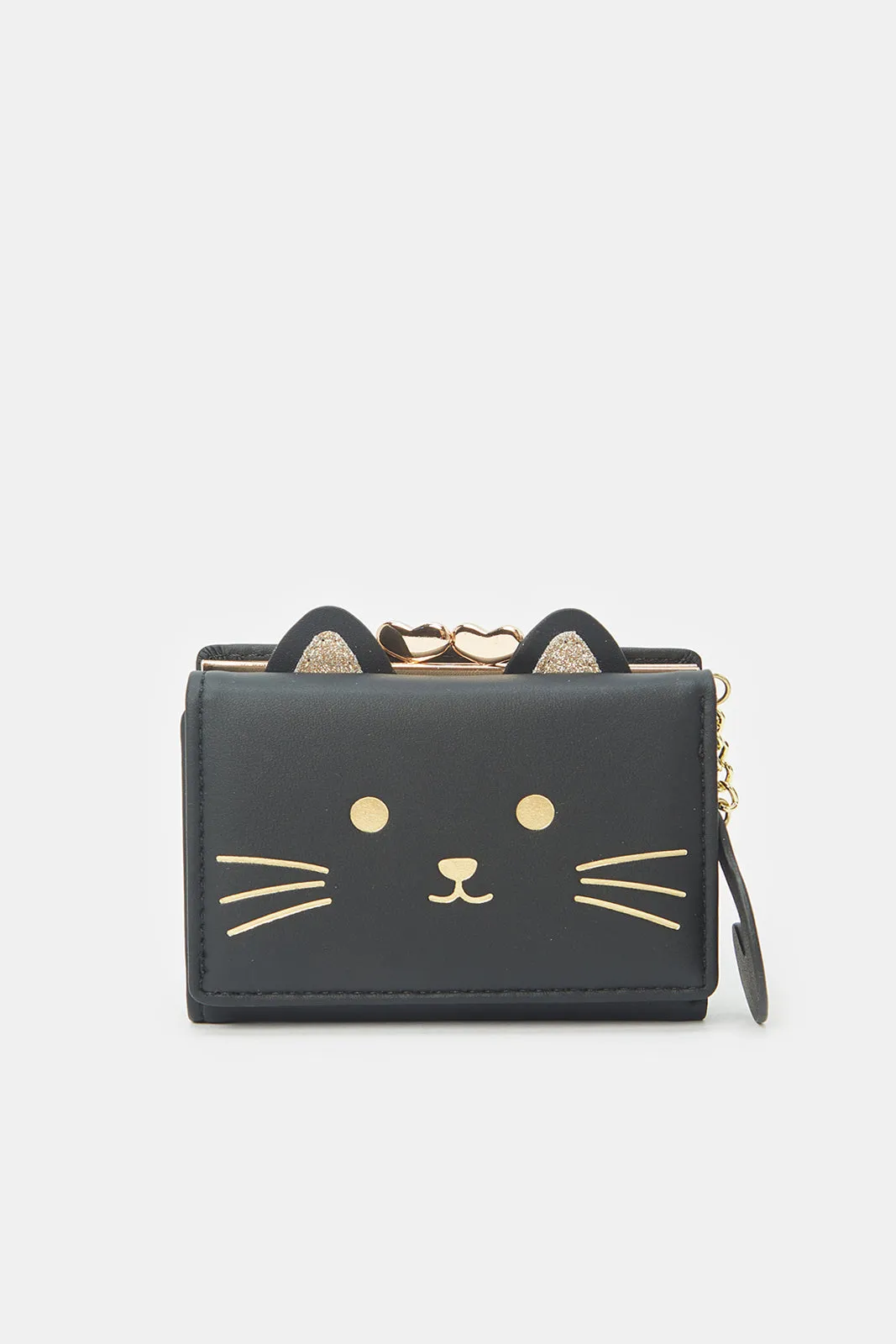 Girls Black Printed Kitty Purse