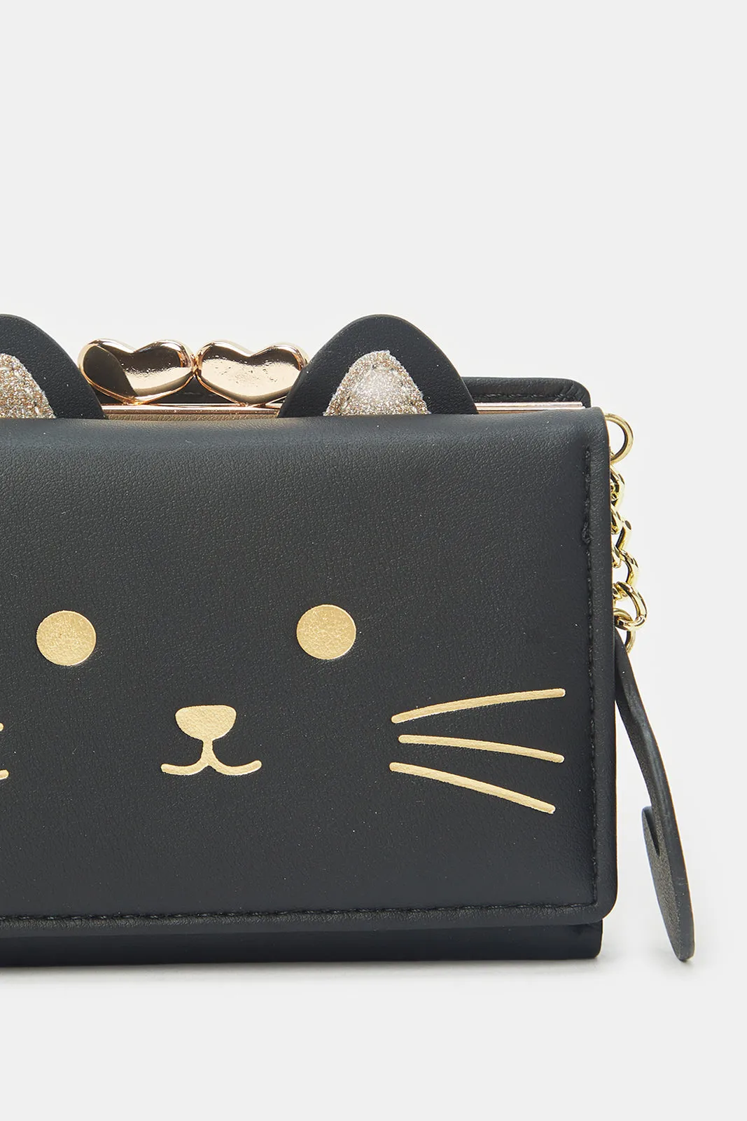 Girls Black Printed Kitty Purse