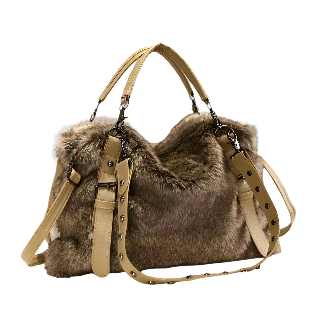 Luxury Faux Fur Tote Bag - Trendy Winter Handbag with Plush Rivet Design for Women