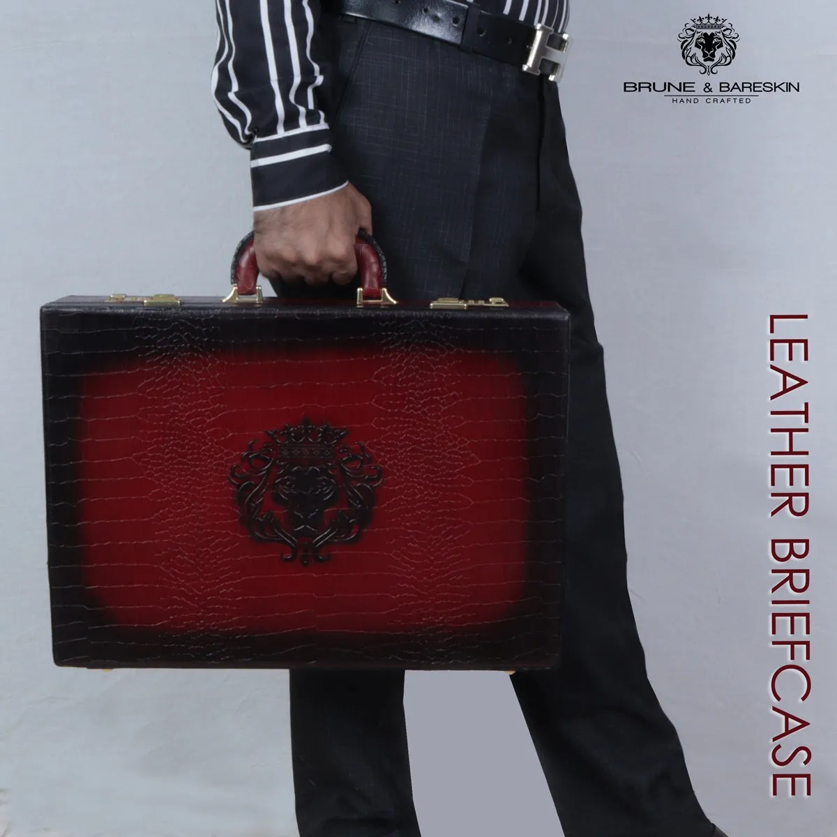 Multi-Functional Office Briefcase in Wine Croco Textured Leather with Embossed Lion