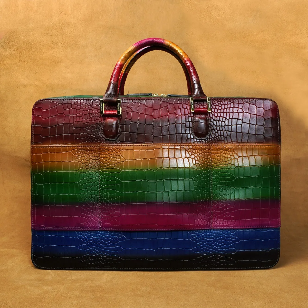 Multicolor Laptop Briefcase in  Deep Cut Croco Textured Leather