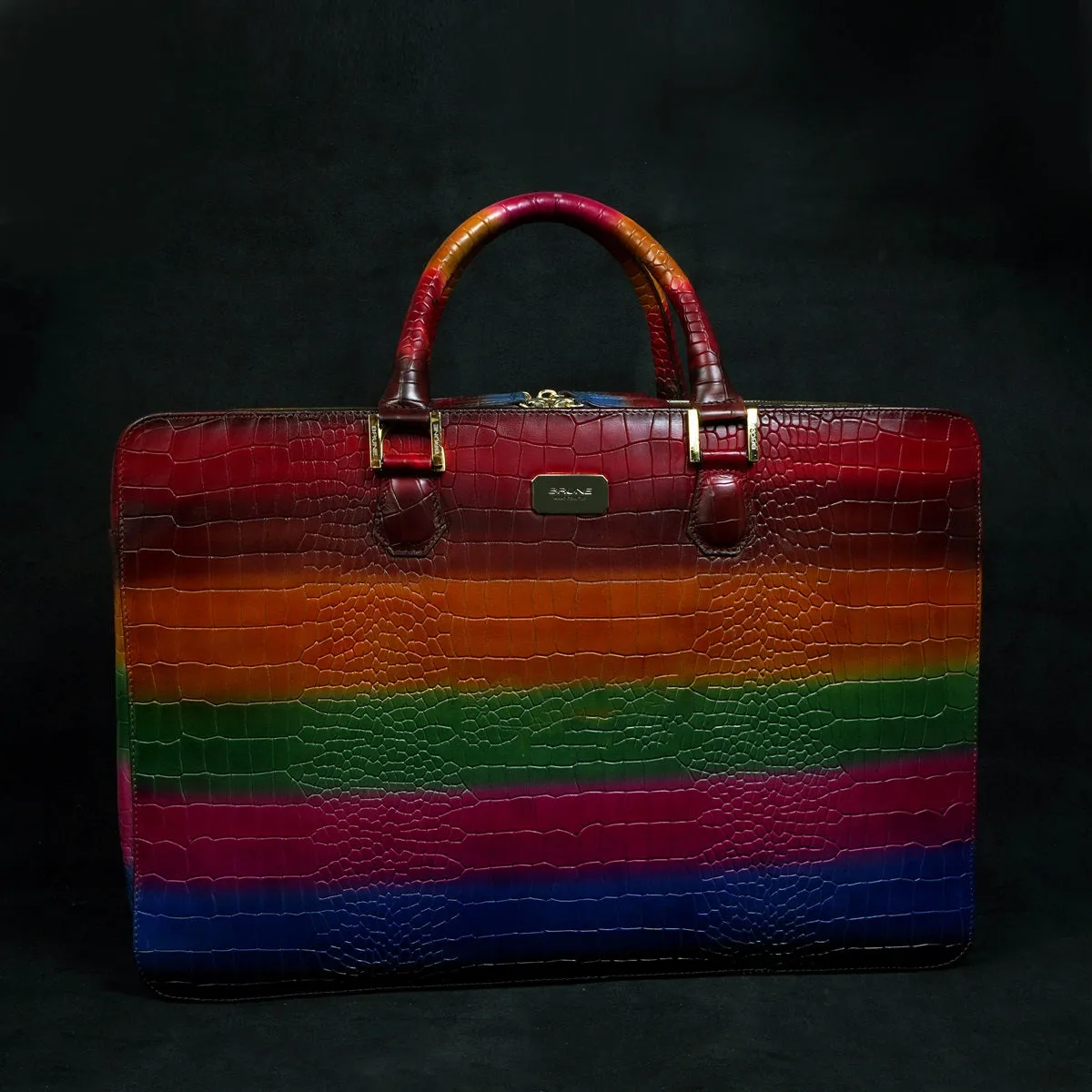 Multicolor Laptop Briefcase in  Deep Cut Croco Textured Leather