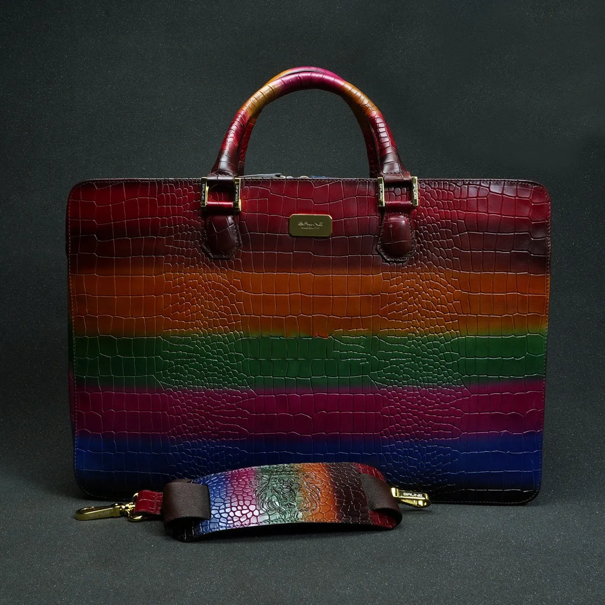 Multicolor Laptop Briefcase in  Deep Cut Croco Textured Leather