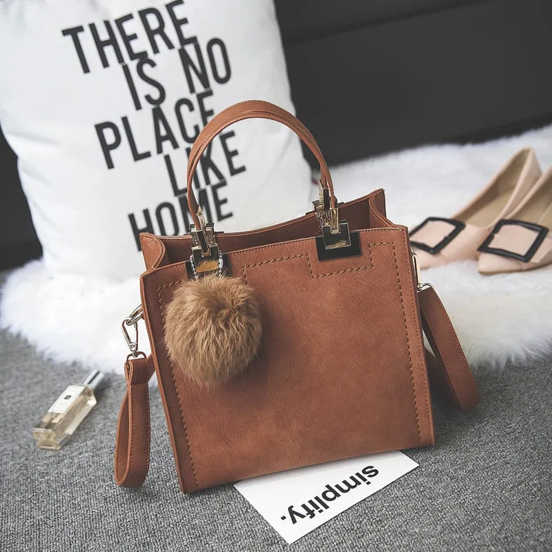 NEW HOT SALE handbag women casual tote female large shoulder messenger bags high quality Suede Leather handbag with fur ball tassle