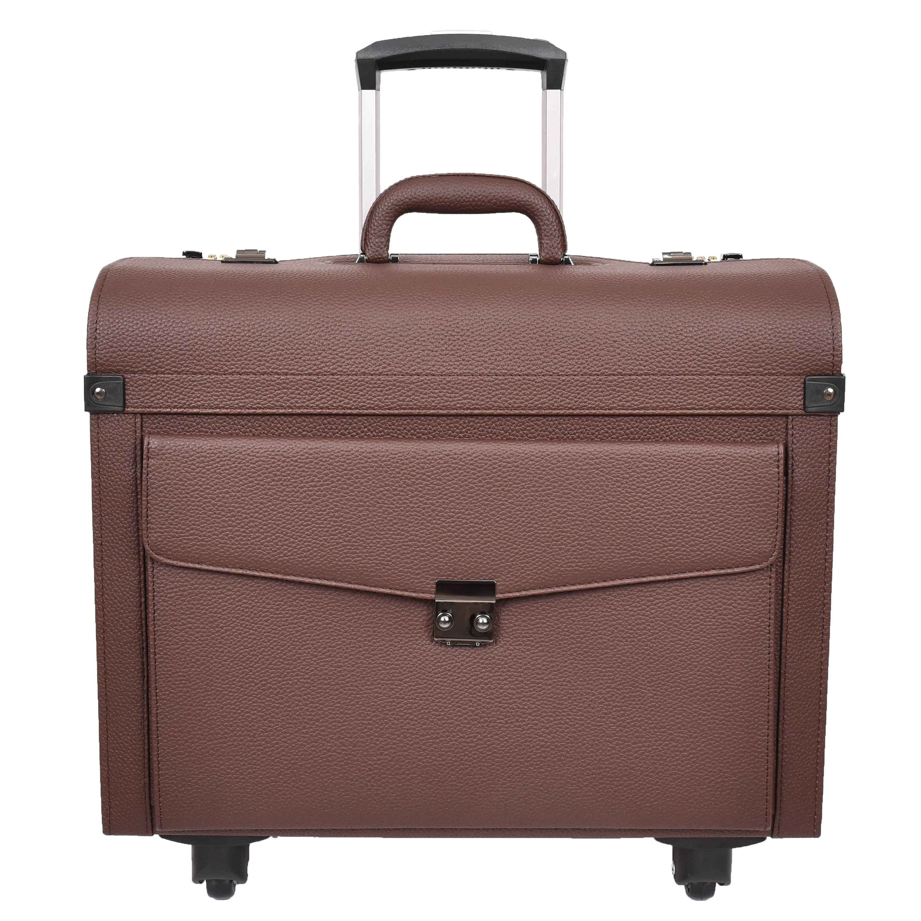 Pilot Case Faux Leather 4 Wheels Cabin Size Dual Lock Business Travel Bag Aero Brown