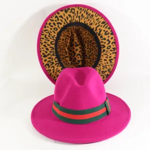 Pink Fedora Hat w/ Removable Band & Leopard Print Bottom