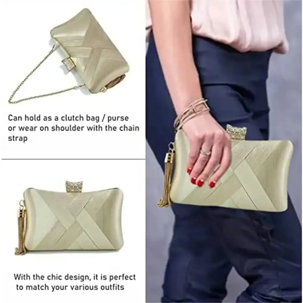 SYGA Women Clutch Bag with Chain Shoulder Strap Tassels Fashion Crossbody Bag Elegant Clutch Purse Hand Bag for Dance Wedding Evening Party Prom Bride- Apricot