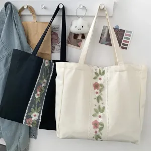 TAVIMART  -  Patchwork Canvas Flower Embroidery Shoulder Handbags Simple Casual Women Office Lady Underarm Bag New Y2k Sweet Trendy Tote Bags