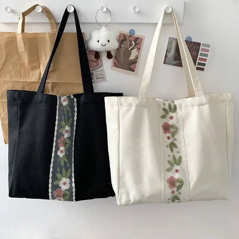 TAVIMART  -  Patchwork Canvas Flower Embroidery Shoulder Handbags Simple Casual Women Office Lady Underarm Bag New Y2k Sweet Trendy Tote Bags