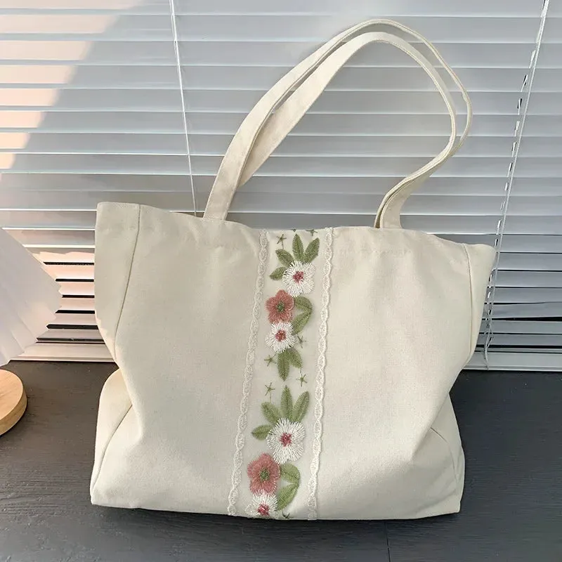 TAVIMART  -  Patchwork Canvas Flower Embroidery Shoulder Handbags Simple Casual Women Office Lady Underarm Bag New Y2k Sweet Trendy Tote Bags