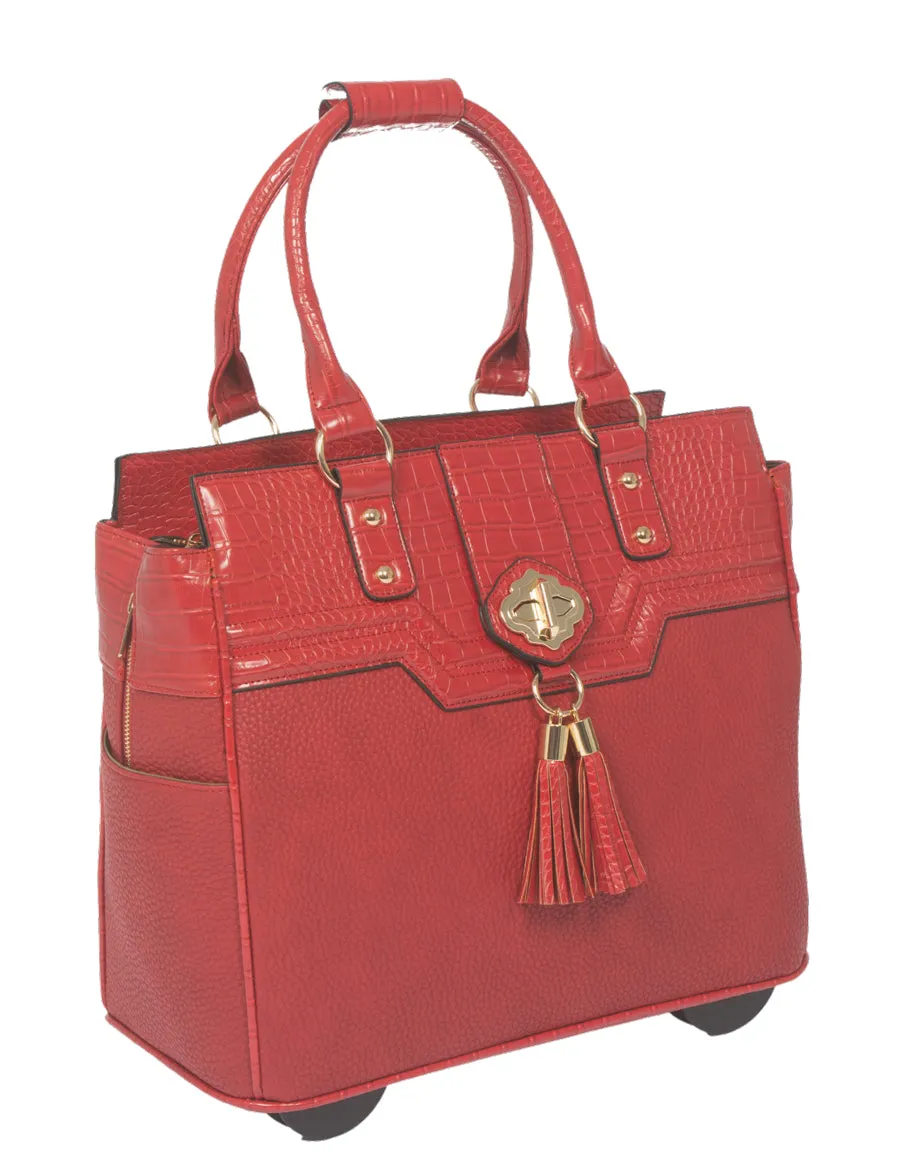 THE KENSINGTON Red Alligator Rolling  iPad, Tablet Laptop Tote Carryall Bag