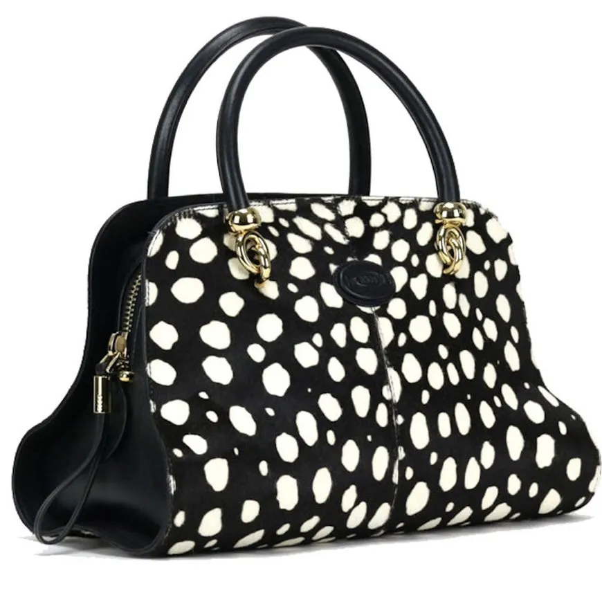 Tod's Sella Bauletto Black White Dalmatian Print Bowler Bag