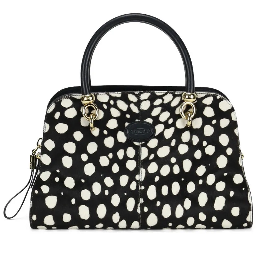 Tod's Sella Bauletto Black White Dalmatian Print Bowler Bag