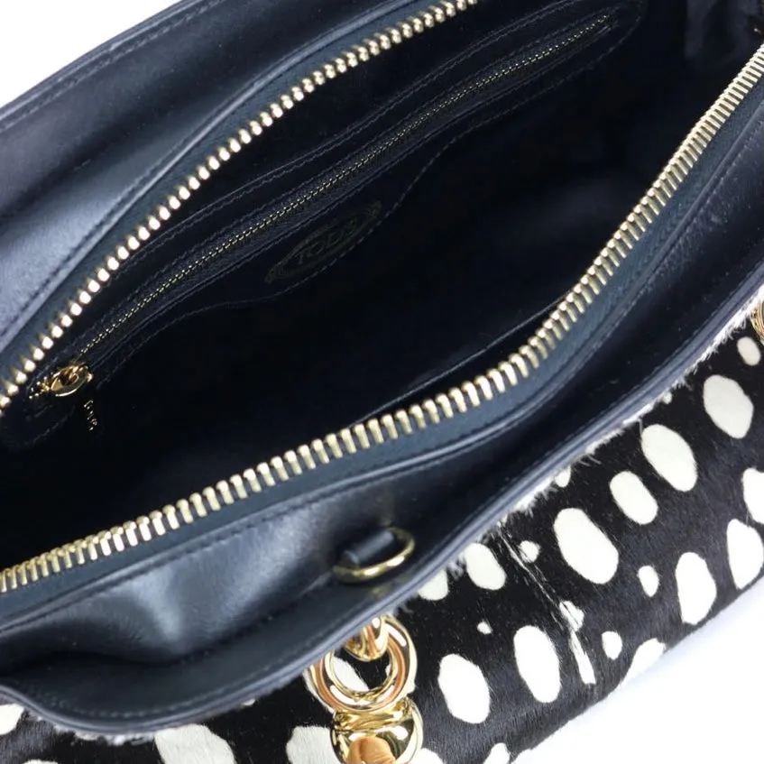 Tod's Sella Bauletto Black White Dalmatian Print Bowler Bag