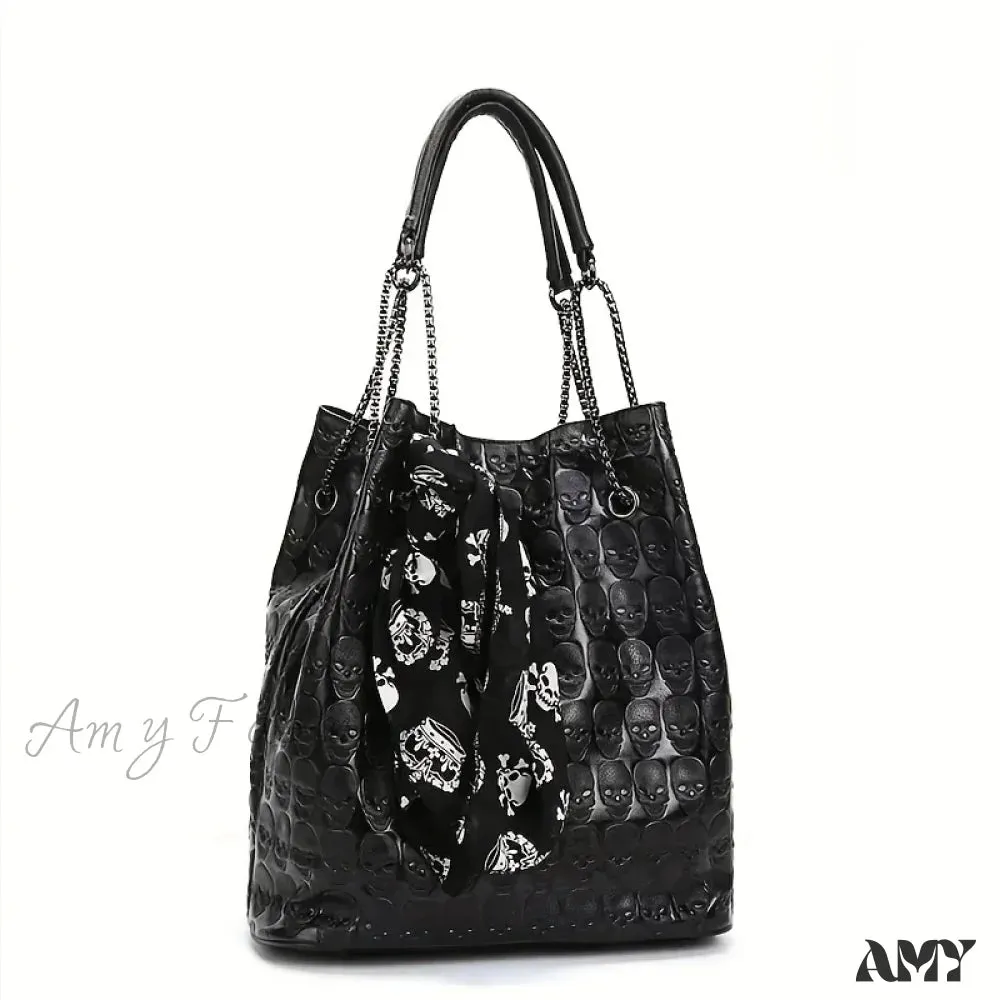 Trendy Tote Gothic Crossbody Scarf Decor Print Shoulder Bag Skull Punk