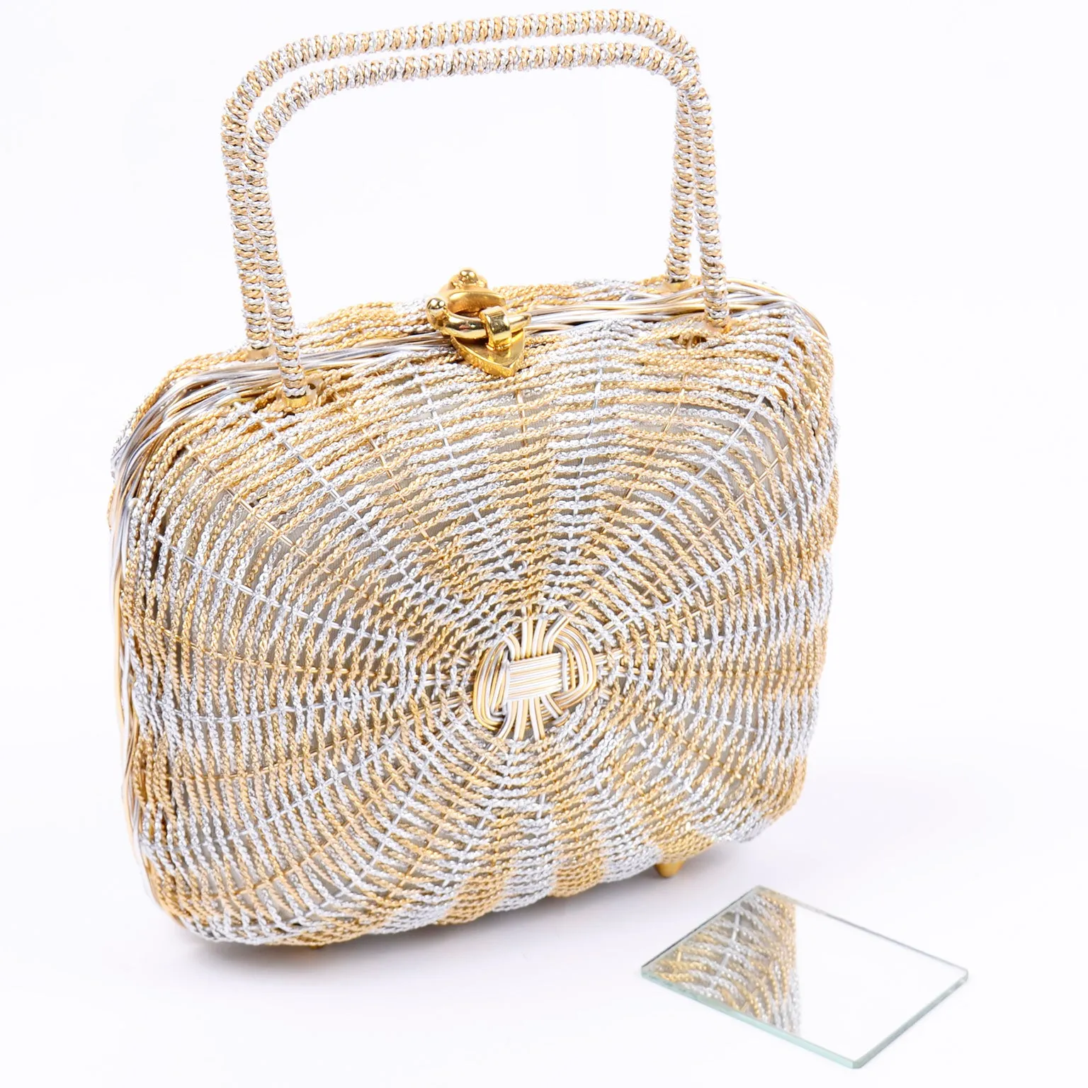 Vintage Koret 1960s Gold Metallic Woven Basket Style Top Handle Handbag