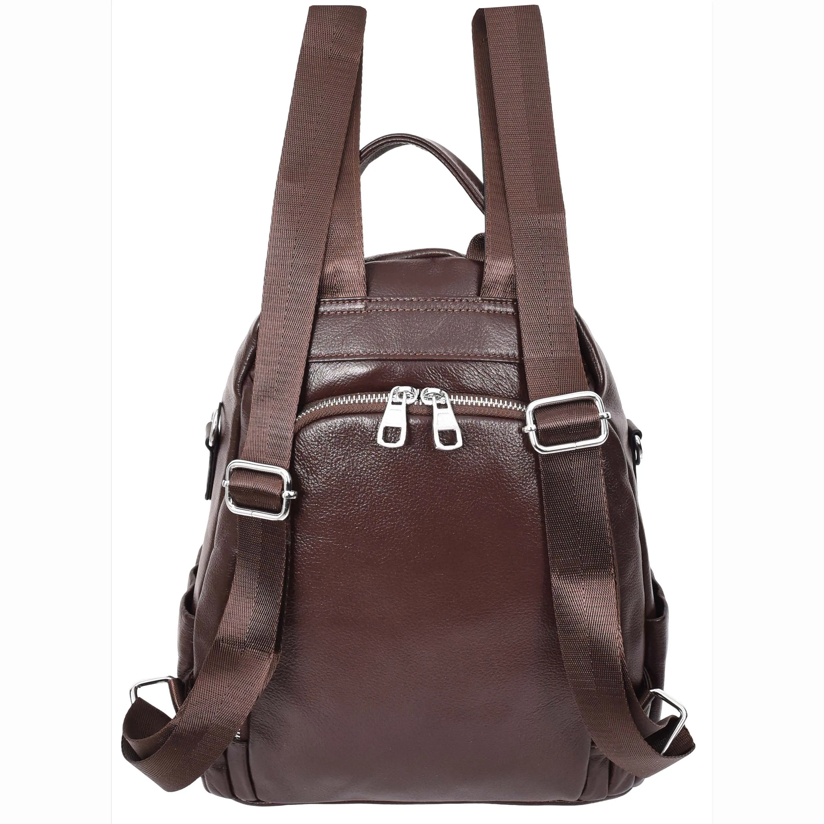 Women's Genuine Leather Backpack Multiple Pockets Casual Fashion Rucksack A618 Brown