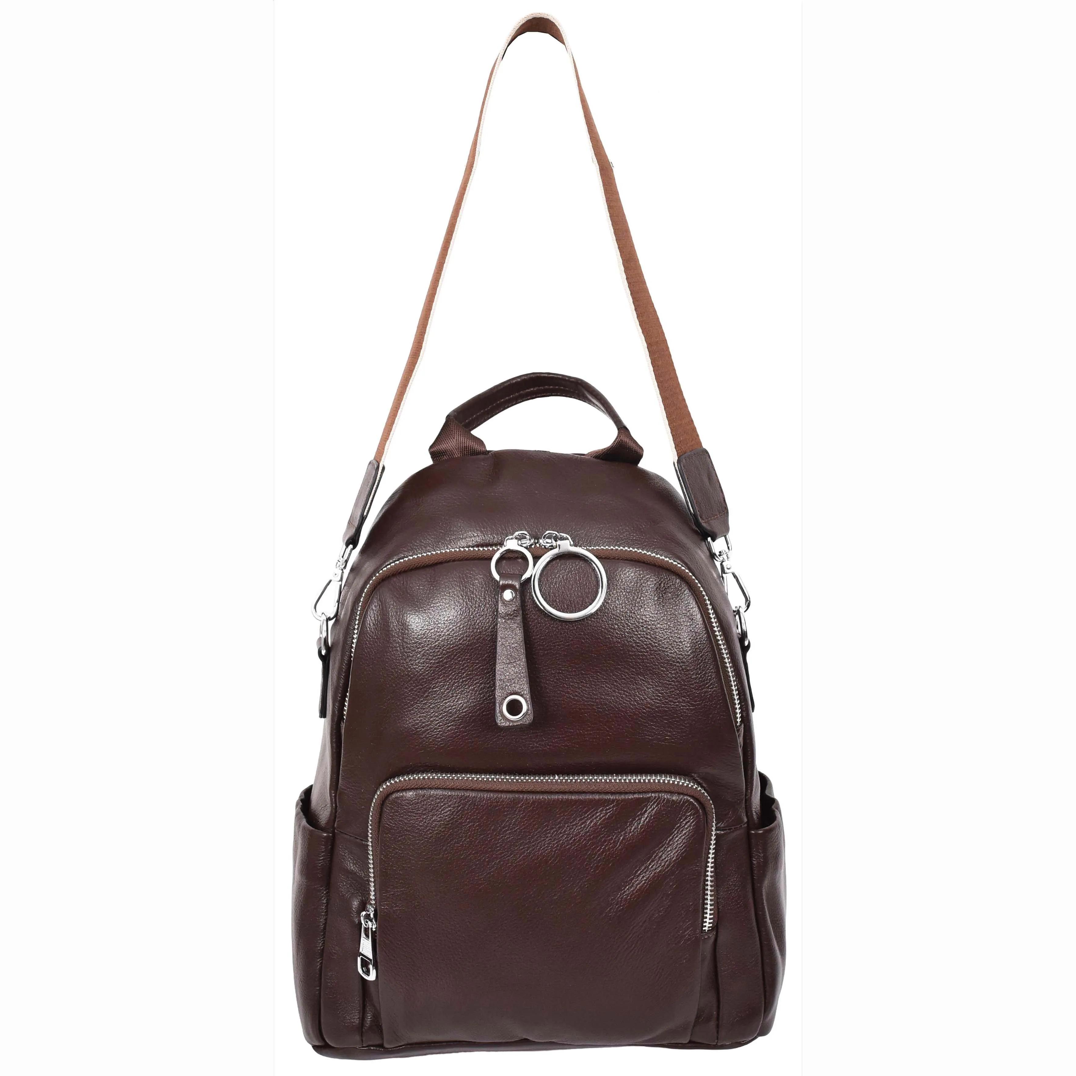 Women's Genuine Leather Backpack Multiple Pockets Casual Fashion Rucksack A618 Brown